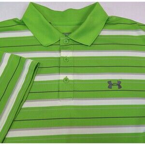 Under Armour Polo Shirt Mens 2XL Green Striped Heat Gear Short Sleeve Golf Loose